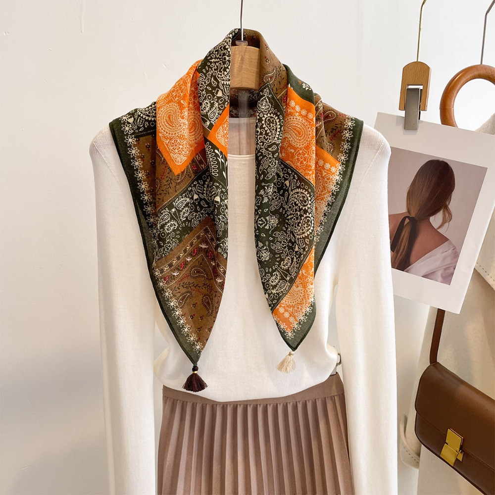 Face Scarf Mask - Tassel Scarf Women Square Cotton Feeling
